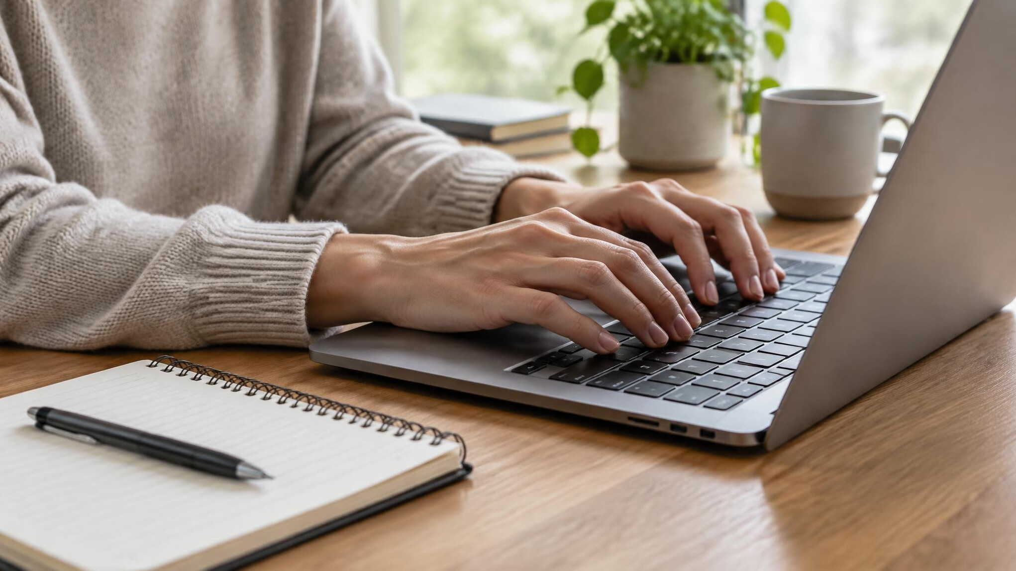 Hands typing on a laptop at a desk
