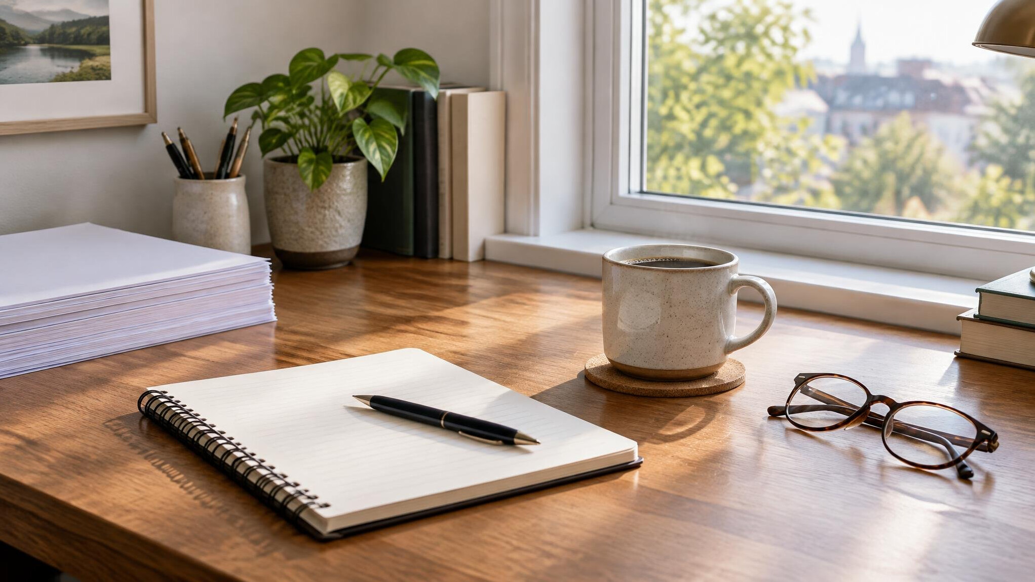 Writer's desk with notebook and coffee