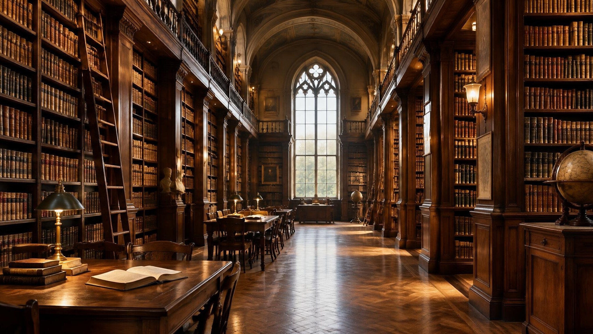 Old library with tall bookshelves