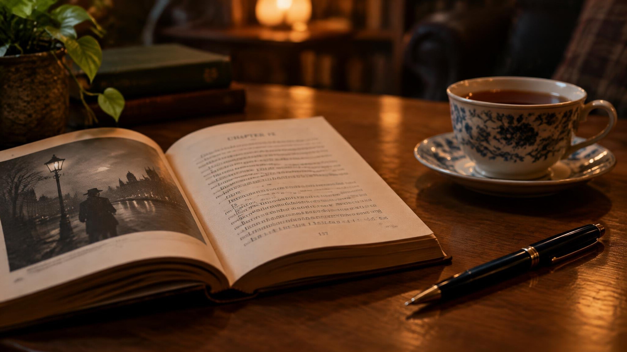 Open book with a pen on a table