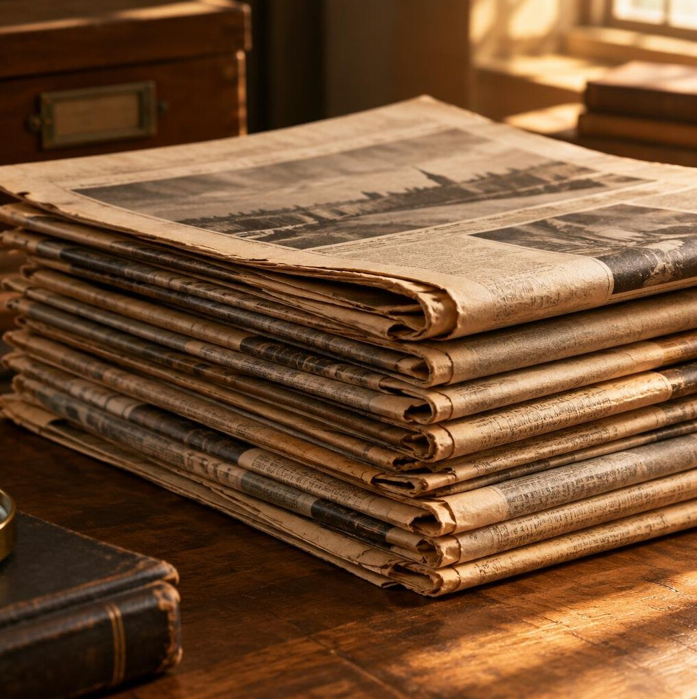 Folded newspapers on a table