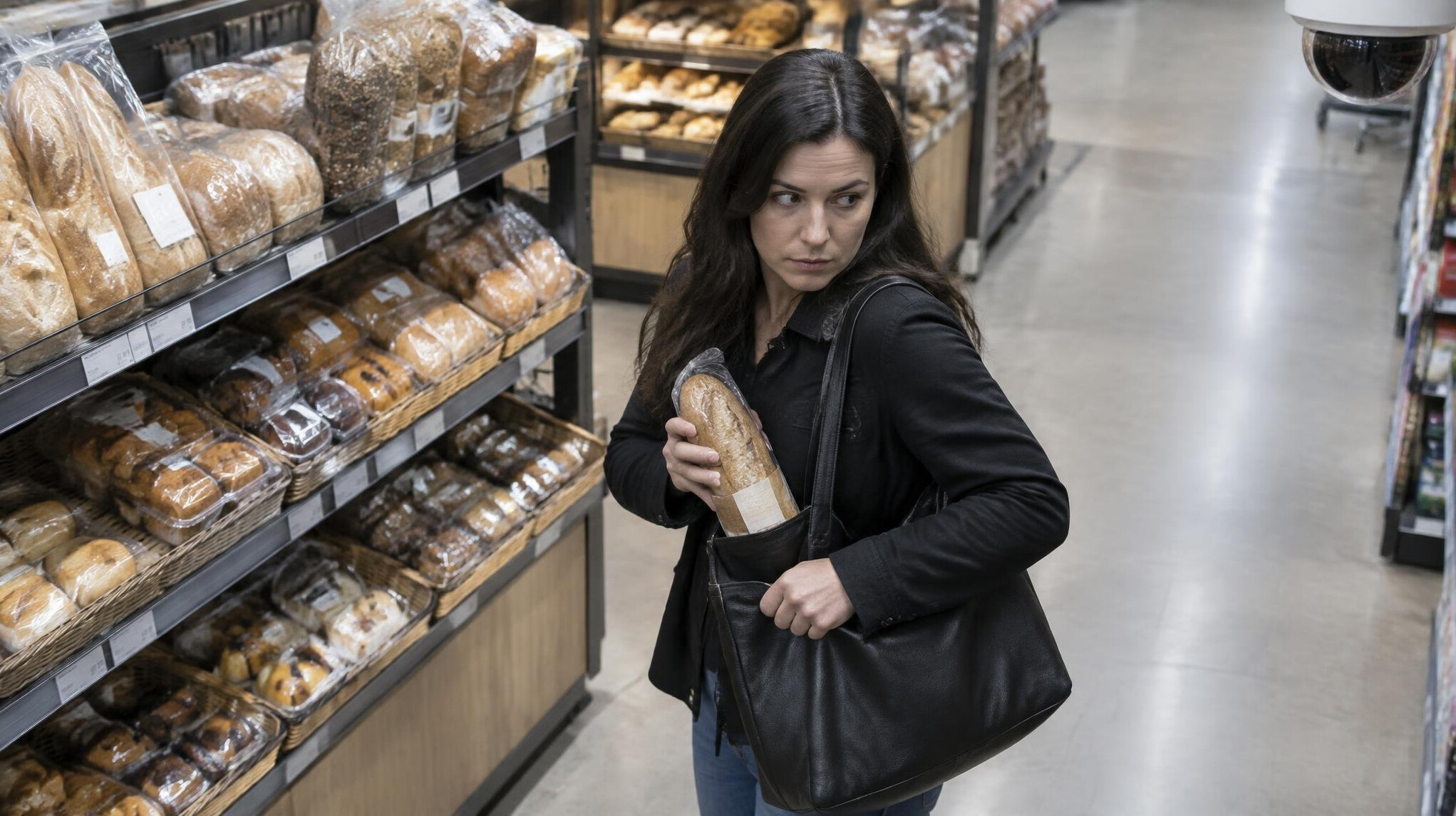 woman hiding items in bag