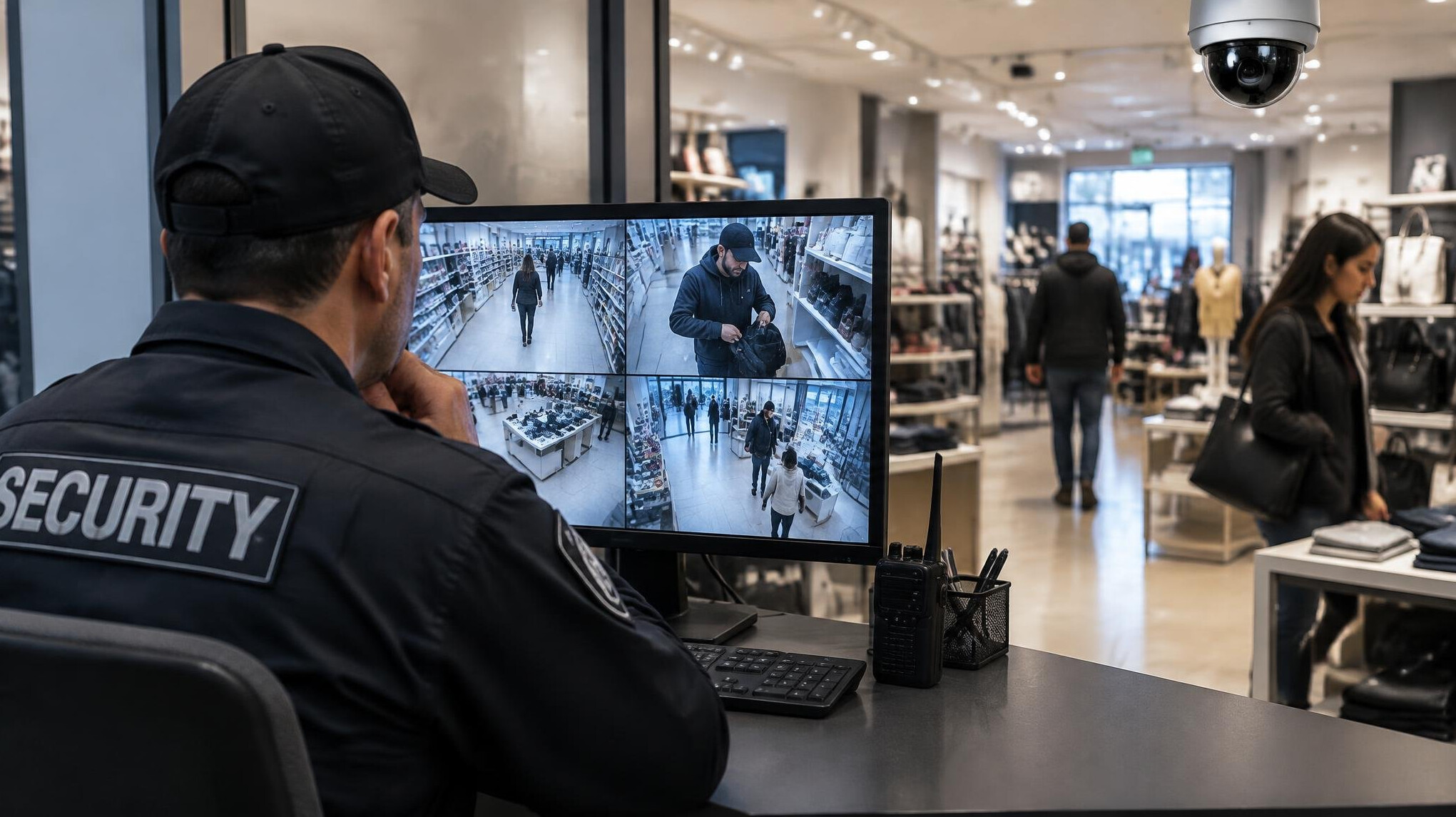 store security guard monitoring cameras