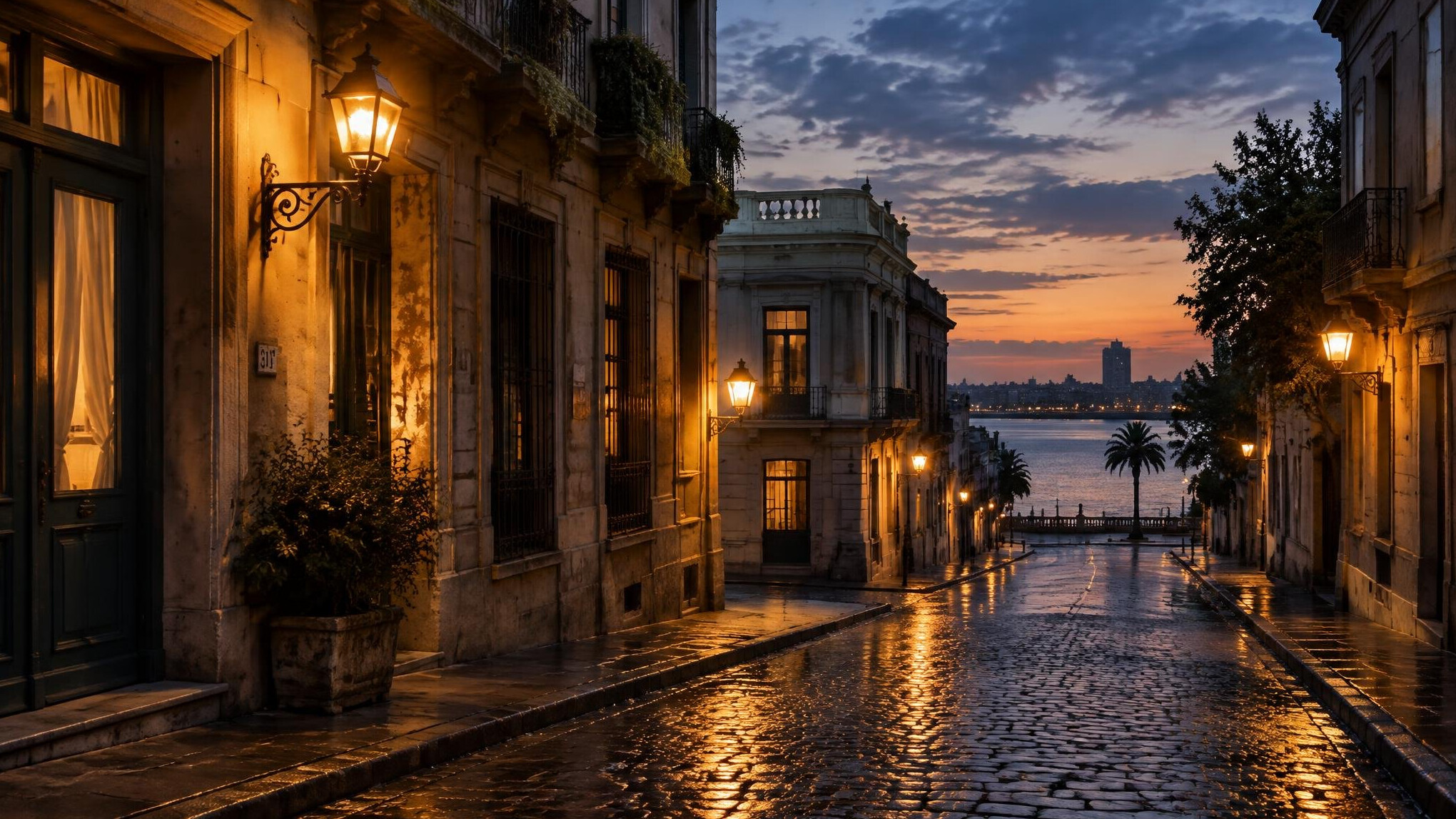 Empty city street at dusk with warm lights