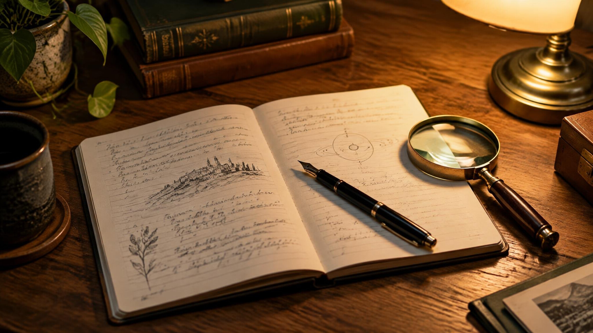 Notebook and pen on a wooden desk with a magnifying glass
